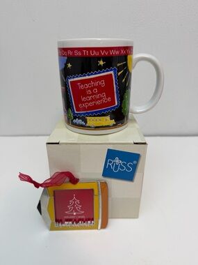 Russ Ceramic Teacher Mug W/Colorful School Themed Artwork & #1 Teacher Ornament
